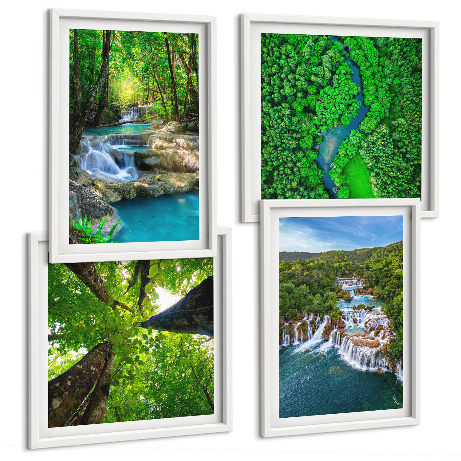 BILDER SET 4er Set - 50x50 cm & 40x60 cm Weißer Rahmen - Wasserfälle grüner Wald Wasser - Weiß, Kunststoff (50/50cm) - TULUP