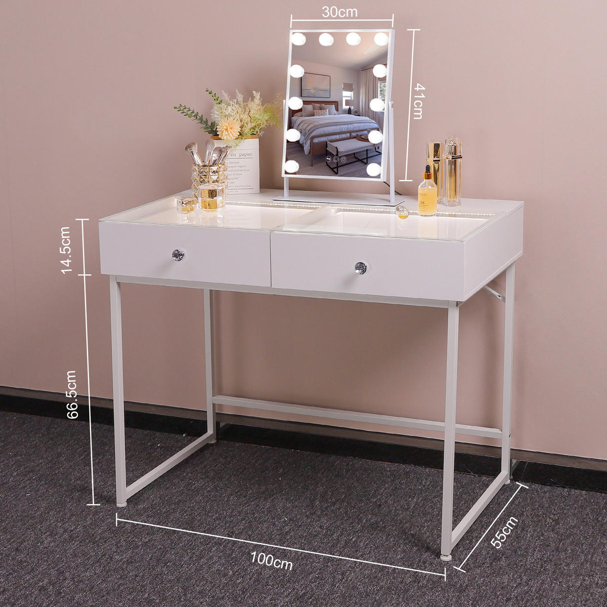 SCHMINKTISCH mit 2 Schubladen 100/55/81 CM und LED Beleuchtung Schminkspiegel Lichtleiste weiß 30/41 cm - Weiß, Holz (55/81/100cm) - VANITII