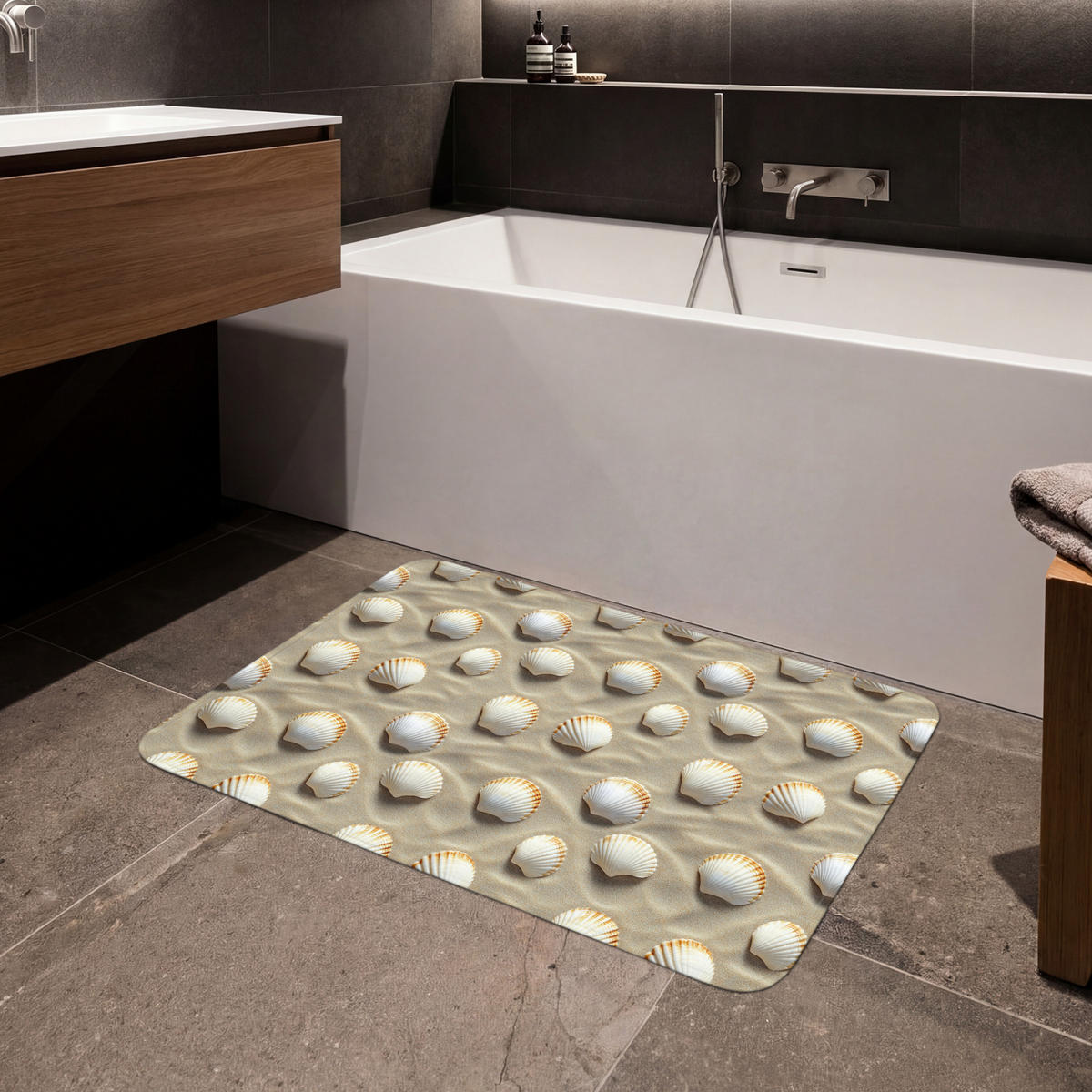 KOUPELNOVÁ PŘEDLOŽKA Mušle - Písek - Námořní 90x60 cm - písková barva, textil/plast (90/60cm) - OnlyWow