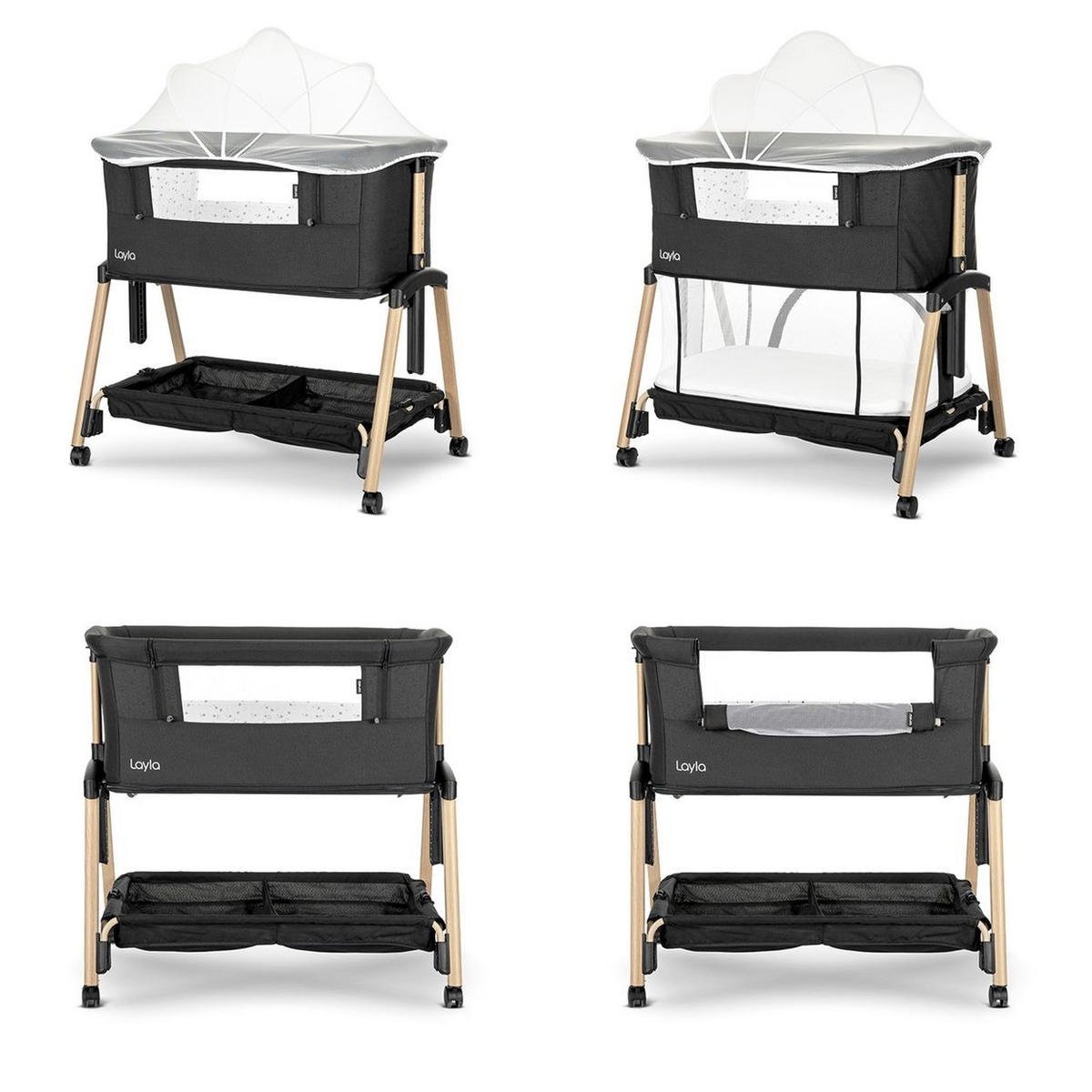 BEISTELLBETT Layla 2 in 1 schwarz 81 x 48 cm, Laufstall, Anti-Reflux, Moskitonetz, Matratze, Räder, Korb - Schwarz, Metall (48/81cm) - Lorelli