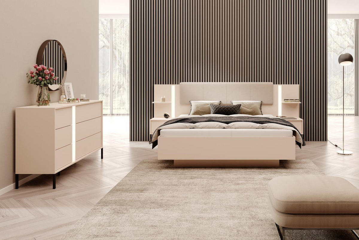 BETT Holen Beige, mit Bettzeugablage und Nachttische - Beige, Holzwerkstoff - Bettso