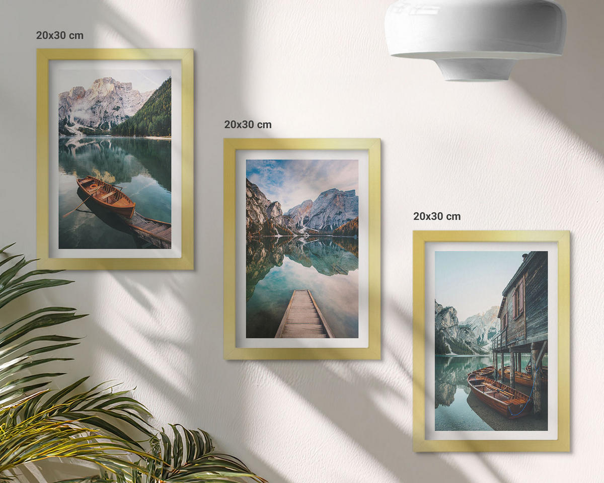 BILDER SET 3er Set - 20x30 cm Goldrahmen - See, Berge, Boote, Ferienhaus - Goldfarben, Kunststoff (20/30cm) - TULUP