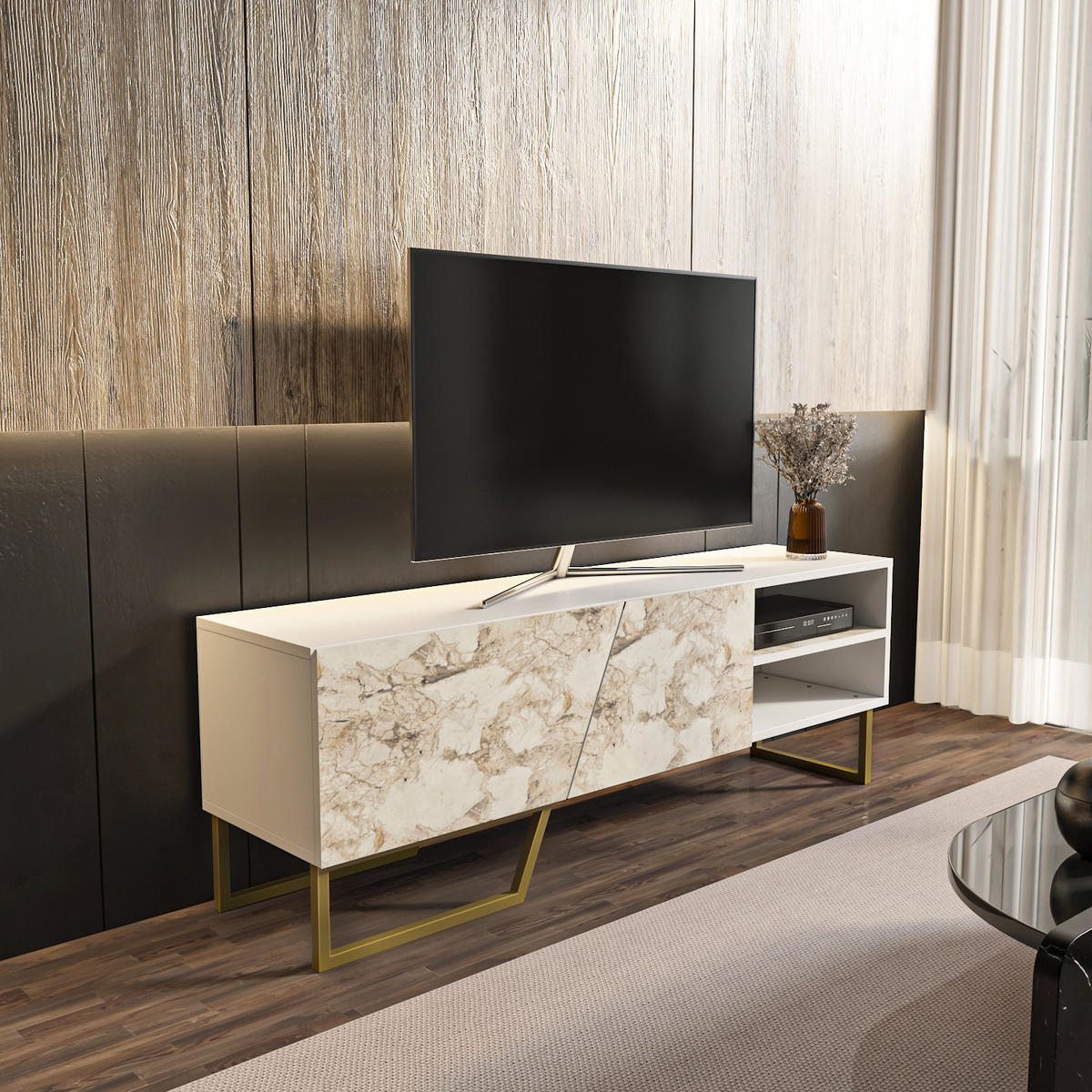 TV-ELEMENT Denasse Weiß Gold - Goldfarben/Weiß, Holzwerkstoff (150/50.5/35cm) - Decorotika