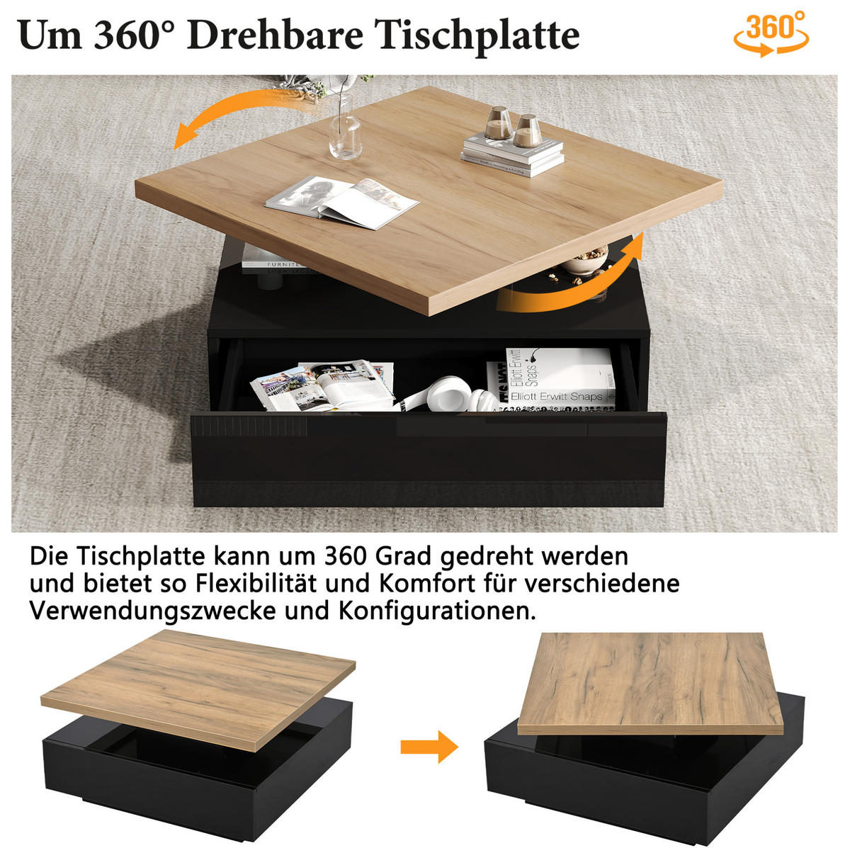 COUCHTISCH 70/70/36 cm in Walnuss/Schwarz mit Drehplatte und Schublade - Schwarz, Holzwerkstoff (70/70/36cm) - Flora Grace