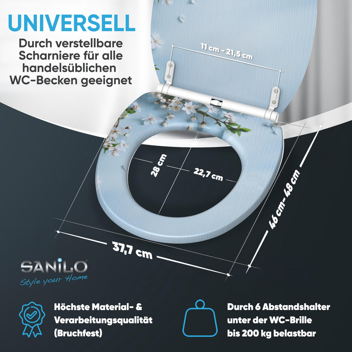 WC-SITZ mit Absenkautomatik & Top Fix Sakura - Blau, Holzwerkstoff (37.7/5.5/48cm) - Sanilo