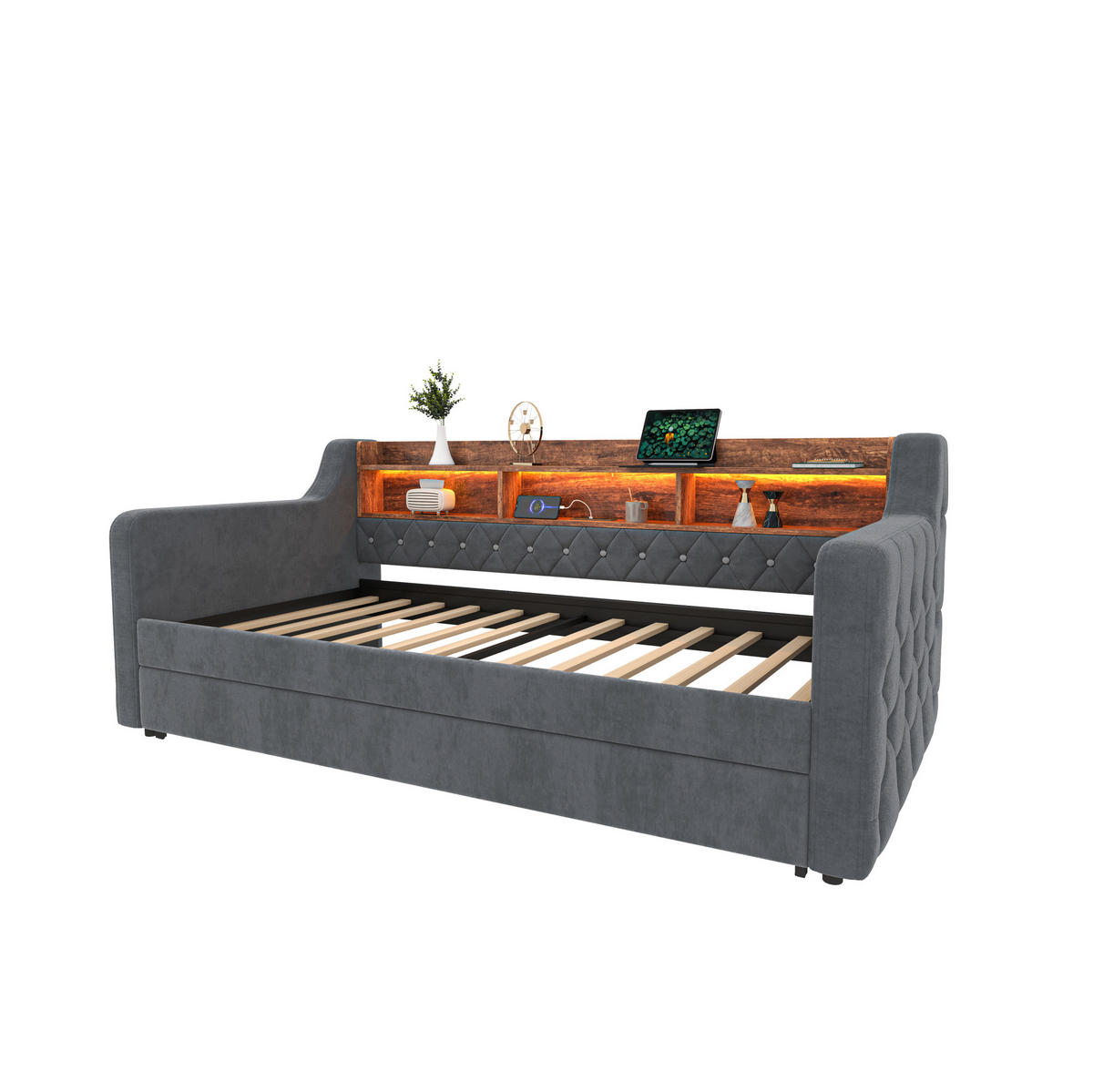 POLSTERBETT 90/190 cm Dunkelgrau aus Samt mit Stauraum - Dunkelgrau, Textil - OKMYHOME