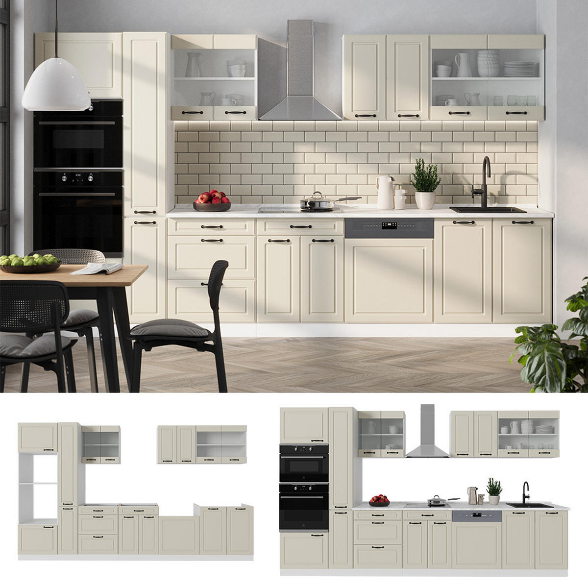 KÜCHENZEILE R-Line, Sand Landhaus/Weiß, 350 cm Arbeitsplatte Marmor - Beige/Weiß, Holzwerkstoff (350/206.8/60cm) - Vicco