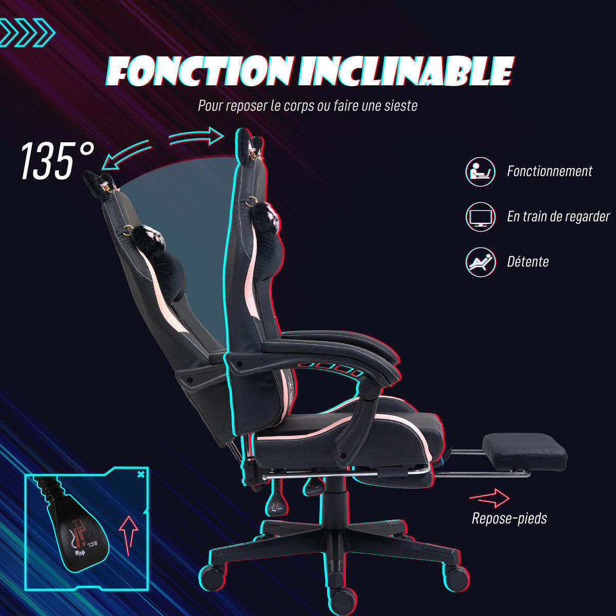 GAMINGSTUHL DE-11855 mit Katzenohren & 135° Neigung Schwarz - Schwarz, Kunststoff (62/124/65cm) - ComfortXL