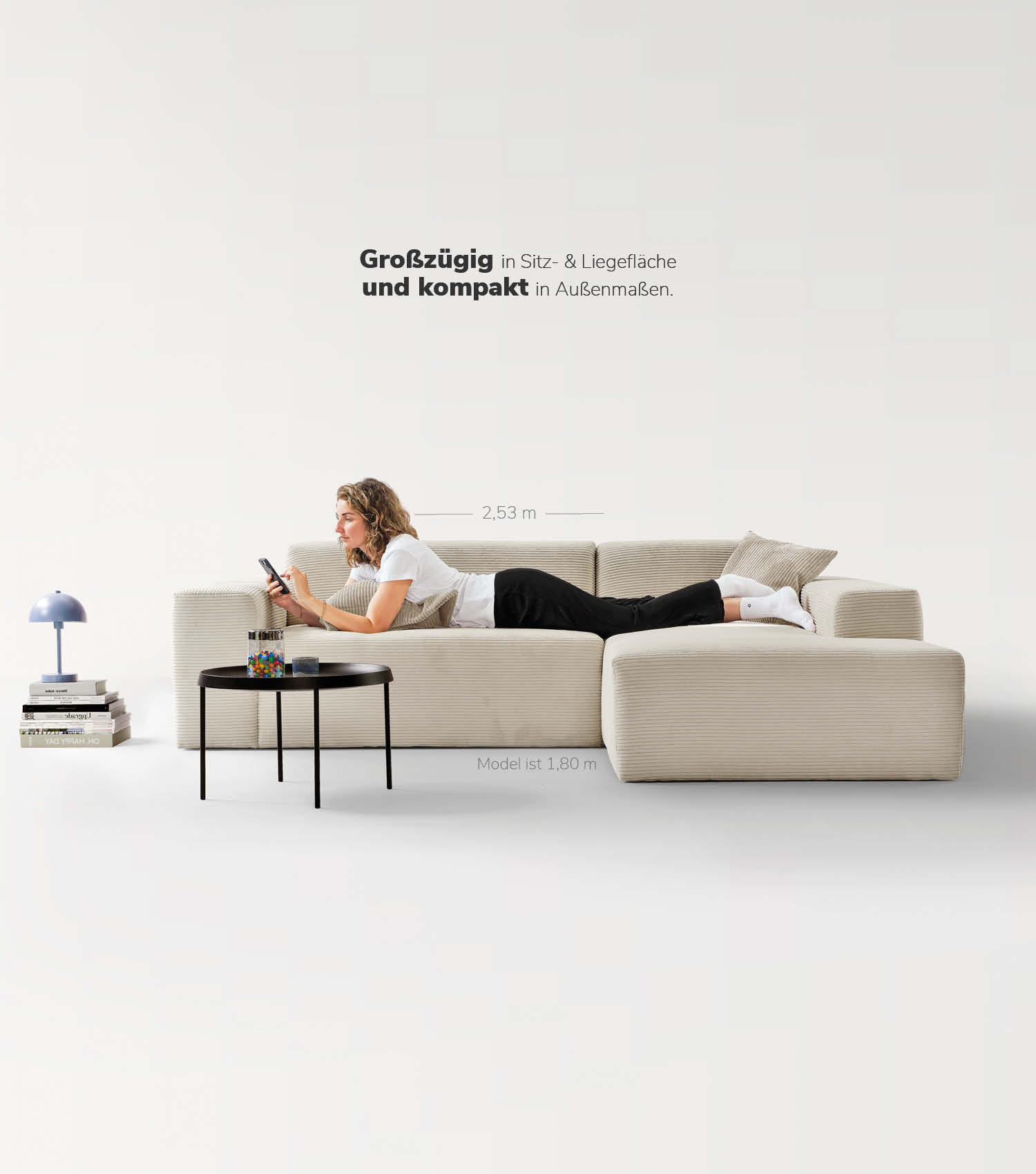 ECKSOFA Die Lässige Recamiere rechts - Beige, Textil (253/188cm) - Mokebo