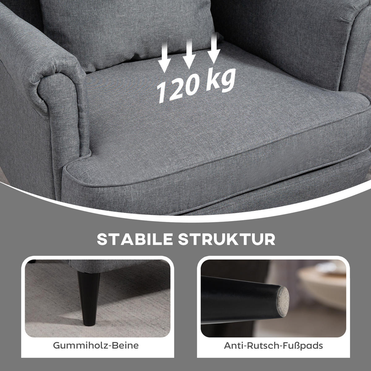 OHRENSESSEL mit Hocker Sessel mit Leinenoptik, Lendenkissen für Wohnzimmer Grau - Grau, Kunststoff (75/104/83cm) - HOMCOM