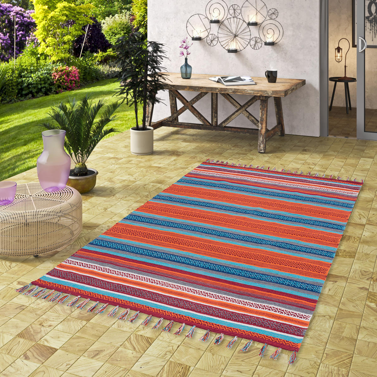 KELIM BAUMWOLLE NATUR TEPPICH GRACE - Türkis, Textil (140/200cm) - Pergamon