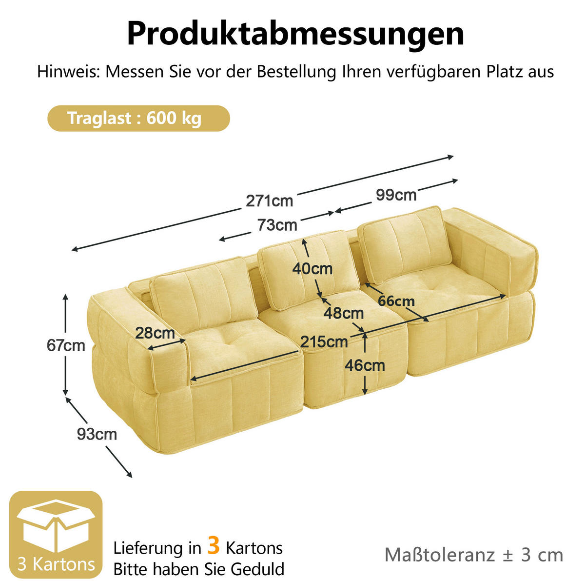 SOFA 271/93/67 cm in Gelb mit modularen Elementen und rutschfester Basis - Gelb, Kunststoff (93/67/271cm) - Flora Grace