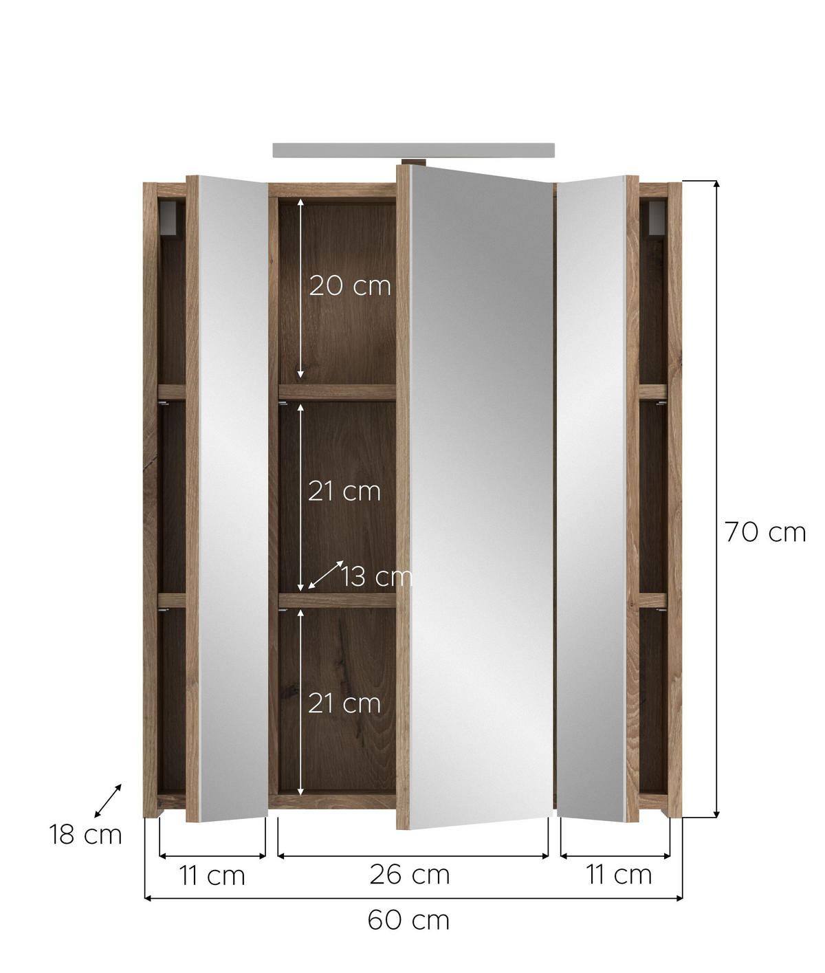 SPIEGELSCHRANK inkl. Beleuchtung ICE (B/H/T: ca. 60/70/18 cm) in Nox Oak Nachbildung/schwarz matt - Eichefarben, Holzwerkstoff (60/70/18cm)