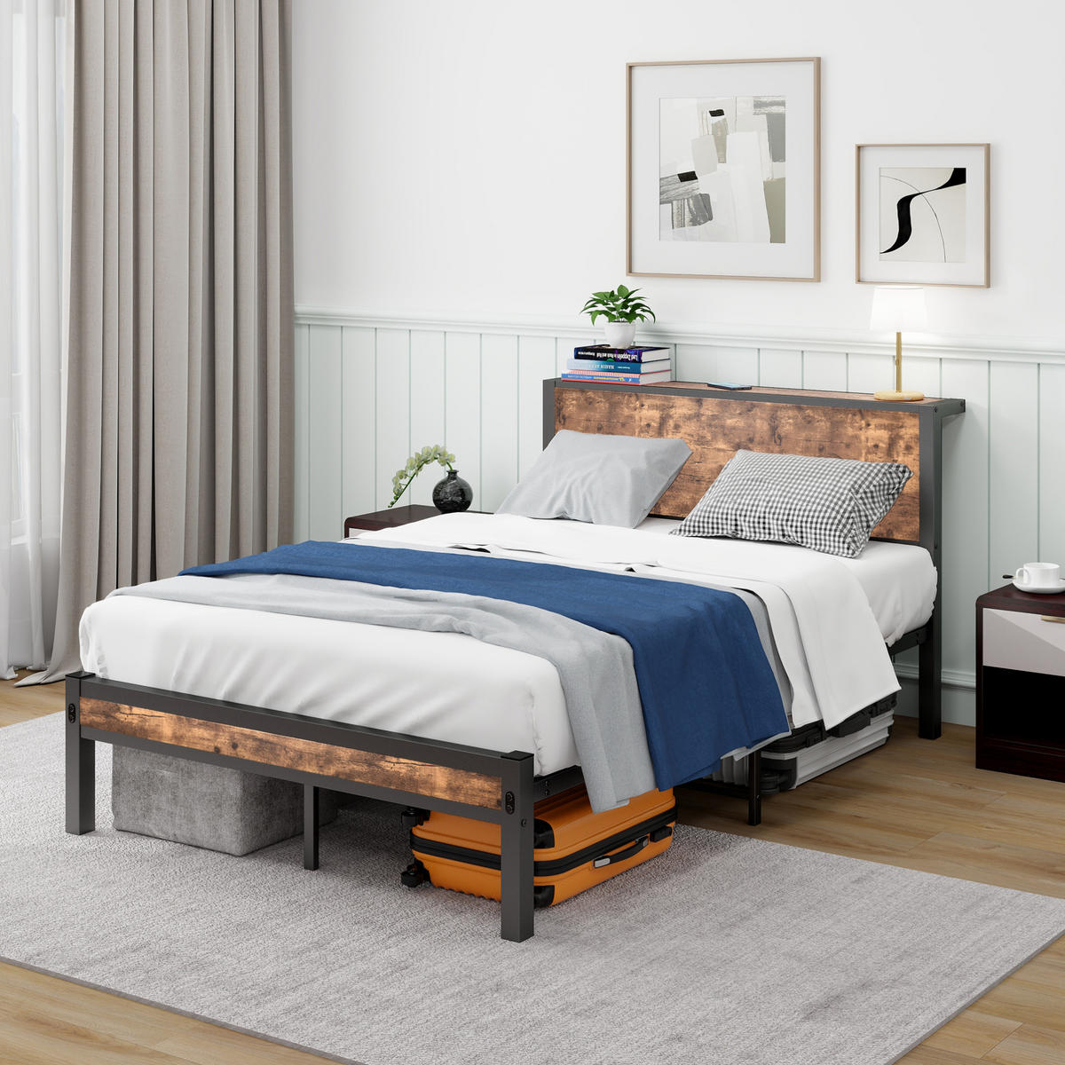EINZELBETT 120/200 cm Antikbraun mit Stauraum und Lattenrost aus Metall - Braun, Metall (120/200cm) - MIVRAY