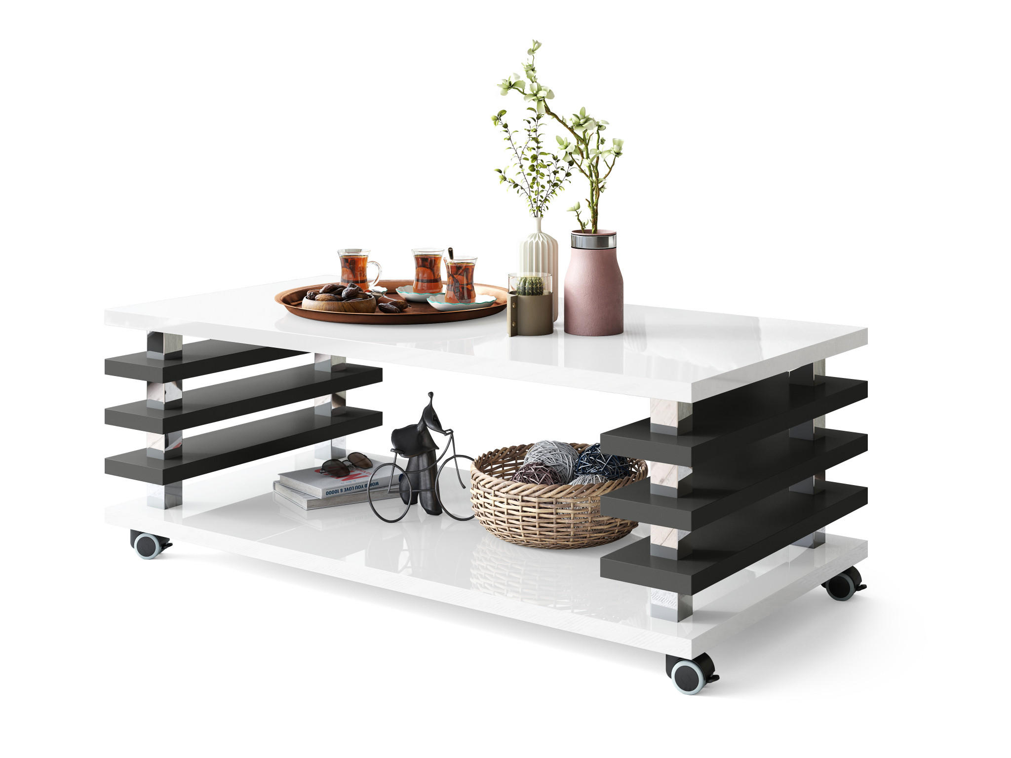 COUCHTISCH rechteckig Weiß Hochglanz - Anthrazit matt Ablage Rollen - Weiß Hochglanz/Anthrazit, Holzwerkstoff (60/120/45cm) - designimpex