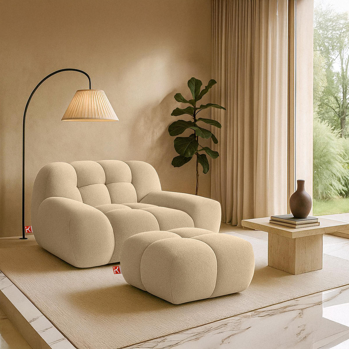 POUF VENA Bouclé, Hellbeige - Beige, Holz/Textil (65/38/65cm) - KONSIMO®