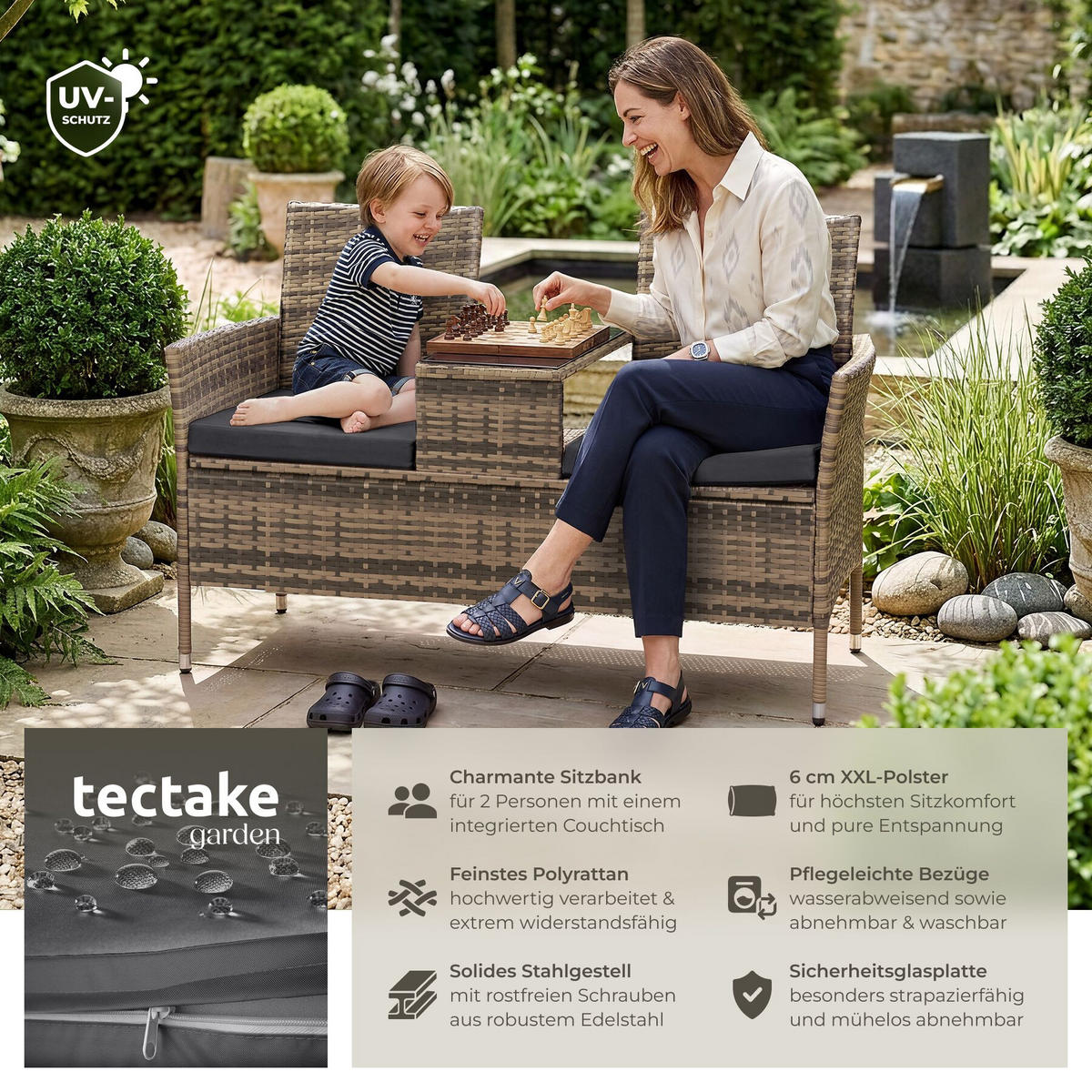 RATTAN GARTENSITZBANK Narbonne, 6 cm Sitzpolster, natur/dunkelgrau - Naturfarben, Kunststoff (61/82/131cm) - tectake