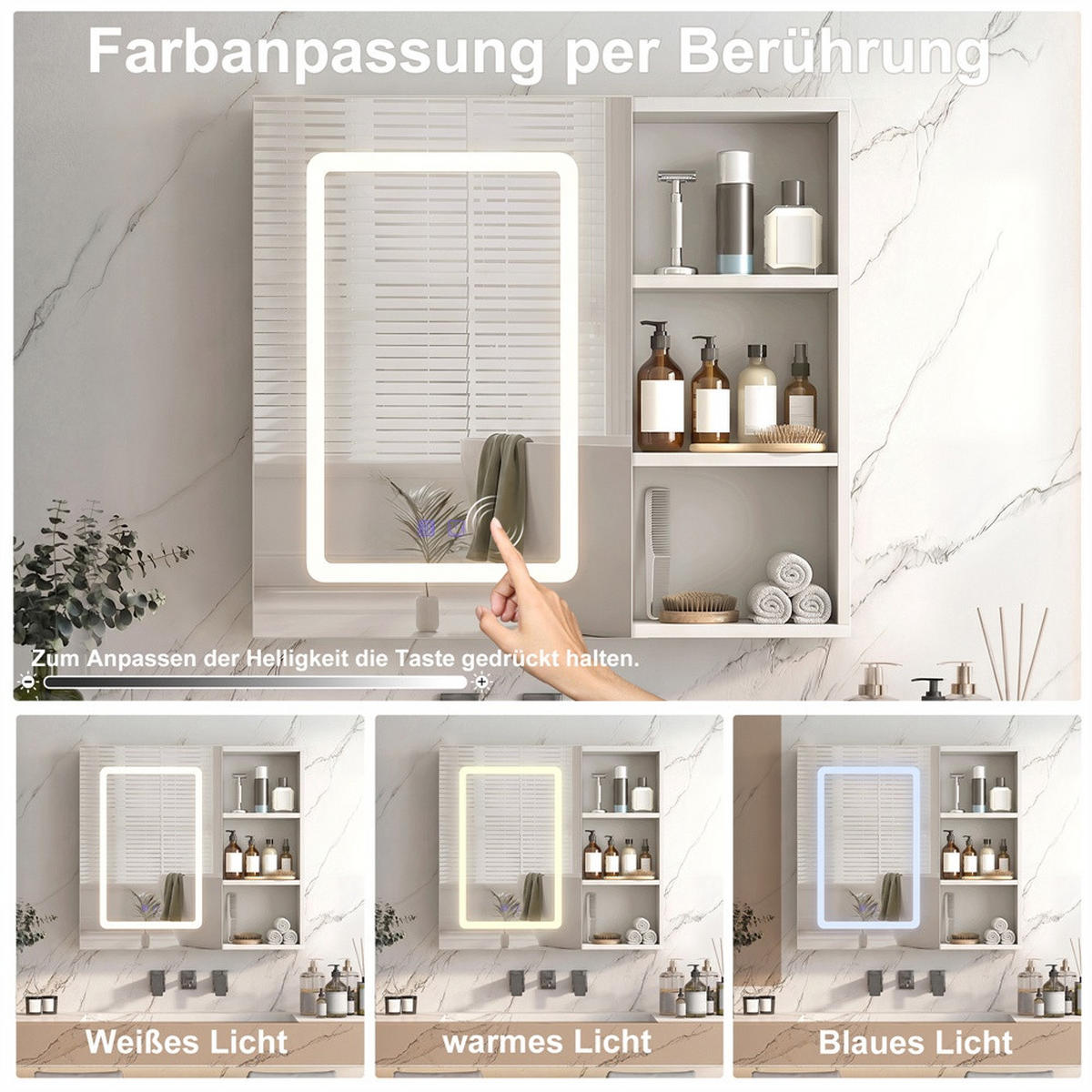 SPIEGELSCHRANK - eintürig - mit LED-Beleuchtung - Antibeschlag-Funktion und offenem Regal - Weiß - Weiß, Holzwerkstoff (15.2/60.2/60.2cm) - DELFA
