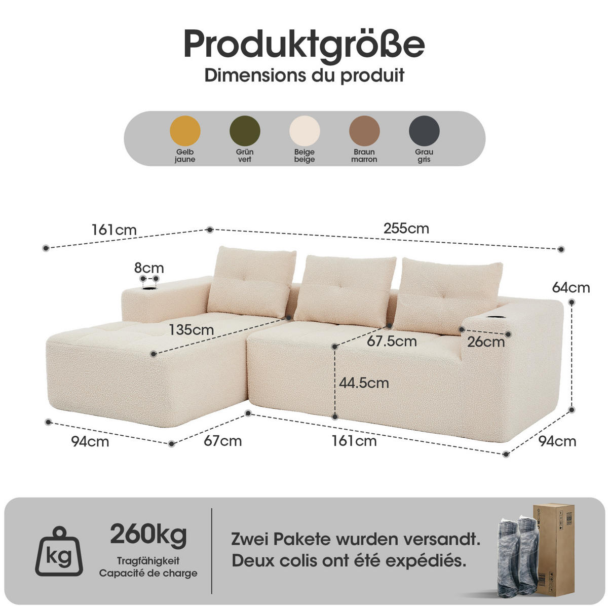 ECKSOFA 258 cm mit Becherhaltern, tiefer Sitzfläche und Polyesterbezug, Beige - Beige, Textil (258/163cm) - Redom