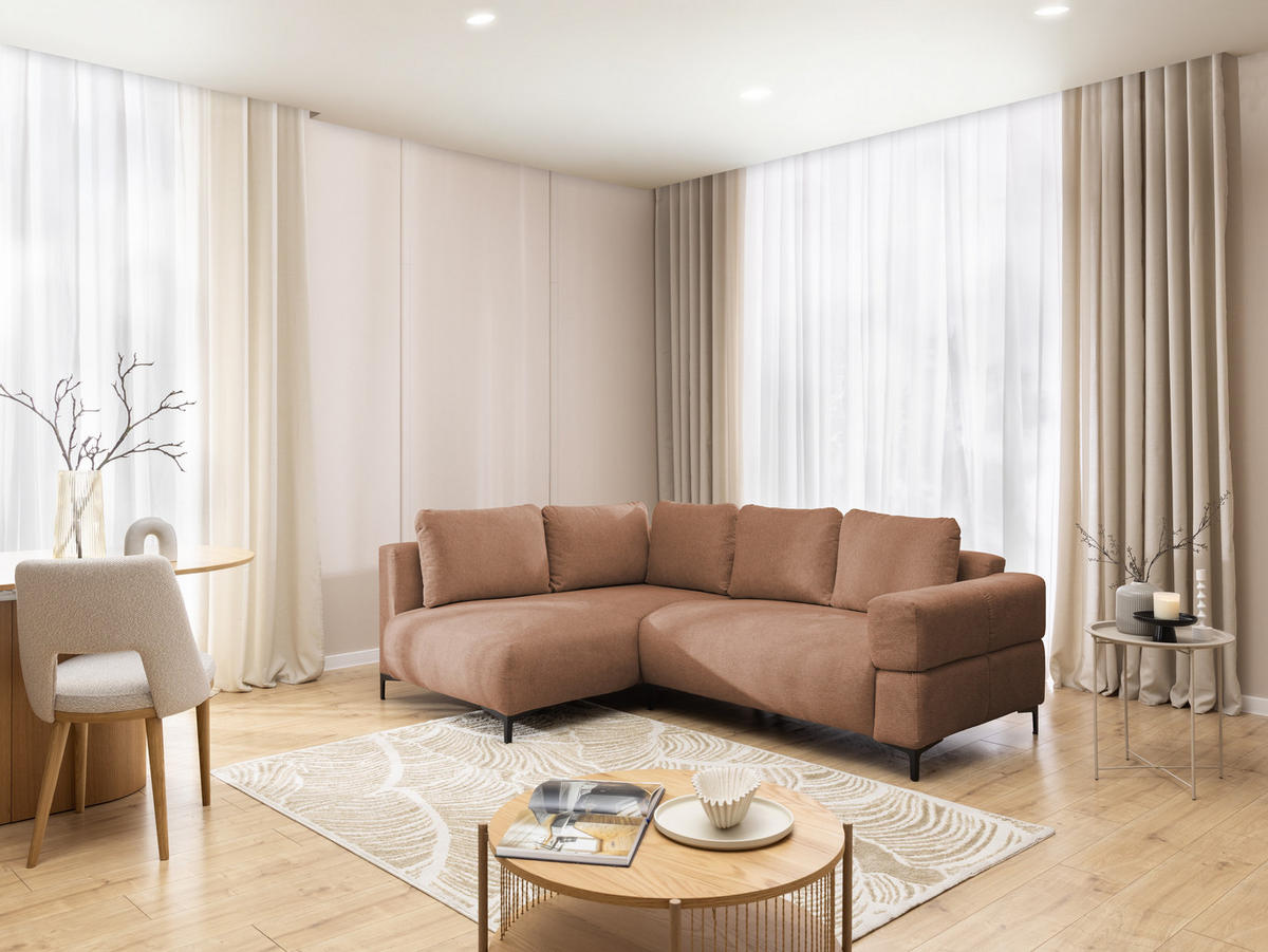 ECKSOFA Cardea in Bubble-Optik aus weichem Terrakotta Strukturstoff mit hohem Sitzkomfort - Ottomane links - Terracotta/Schwarz, Holz/Textil (170/230cm) - S-Style Möbel