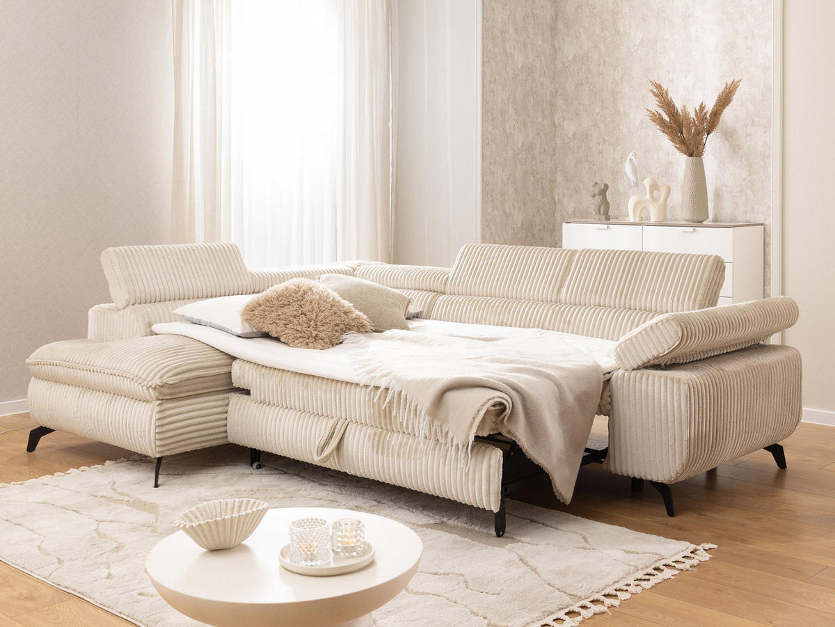ECKSOFA mit Schlaffunktion und Bettkasten Bonnie aus Hellbeige Cord-Stoff mit verstellbaren Kopfstützen und Armlehne - Ottomane links - Beige/Schwarz, Holz/Textil (275/210cm) - S-Style Möbel