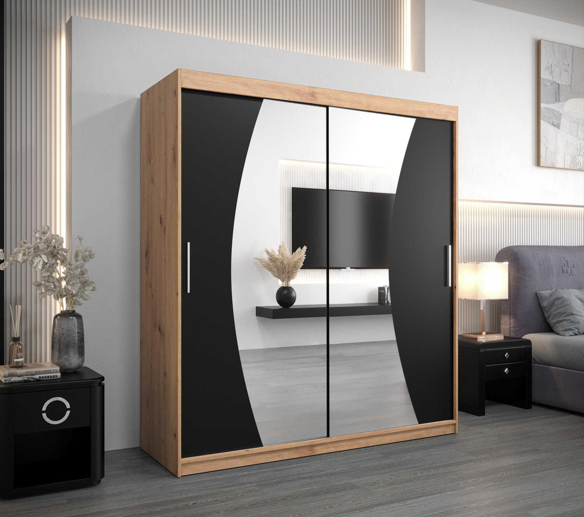 SCHWEBETÜRENSCHRANK 200/180/62 2-türig - Silberfarben/Schwarz, Holz/Kunststoff (180/200/62cm) - Abiks Möbel