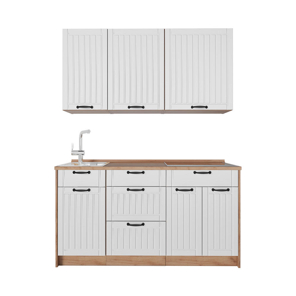SINGLEKÜCHE Fame-Line, Weiß Landhaus/Goldkraft Eiche, 150 cm, AP Eiche - Honigeiche/Weiß, Holzwerkstoff (150/82/60cm) - Vicco
