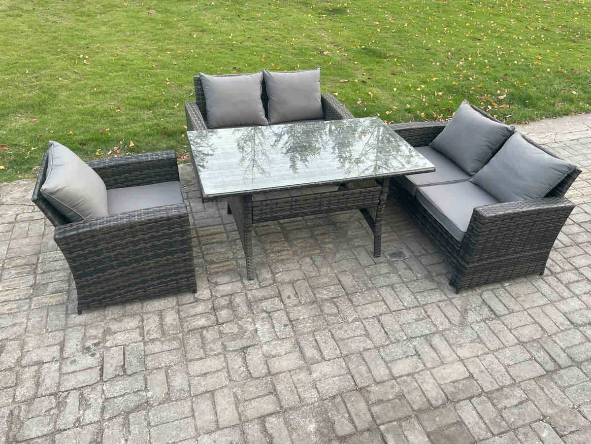 GARTENMÖBELSET mit 2-Sitzer Sofa,2 Hockern,Esstisch Polyrattan Dunkelgrau 5-Sitzer - Dunkelgrau/Grau, Glas/Kunststoff - Fimous