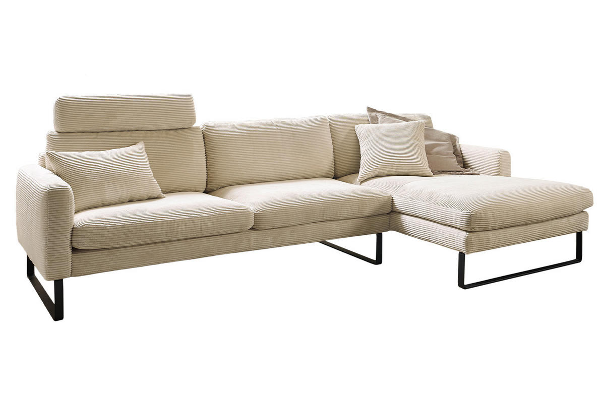 ECKSOFA RICARDA Cremeweiß Cord - Creme/Schwarz, Textil/Metall (298/154cm) - KAWOLA