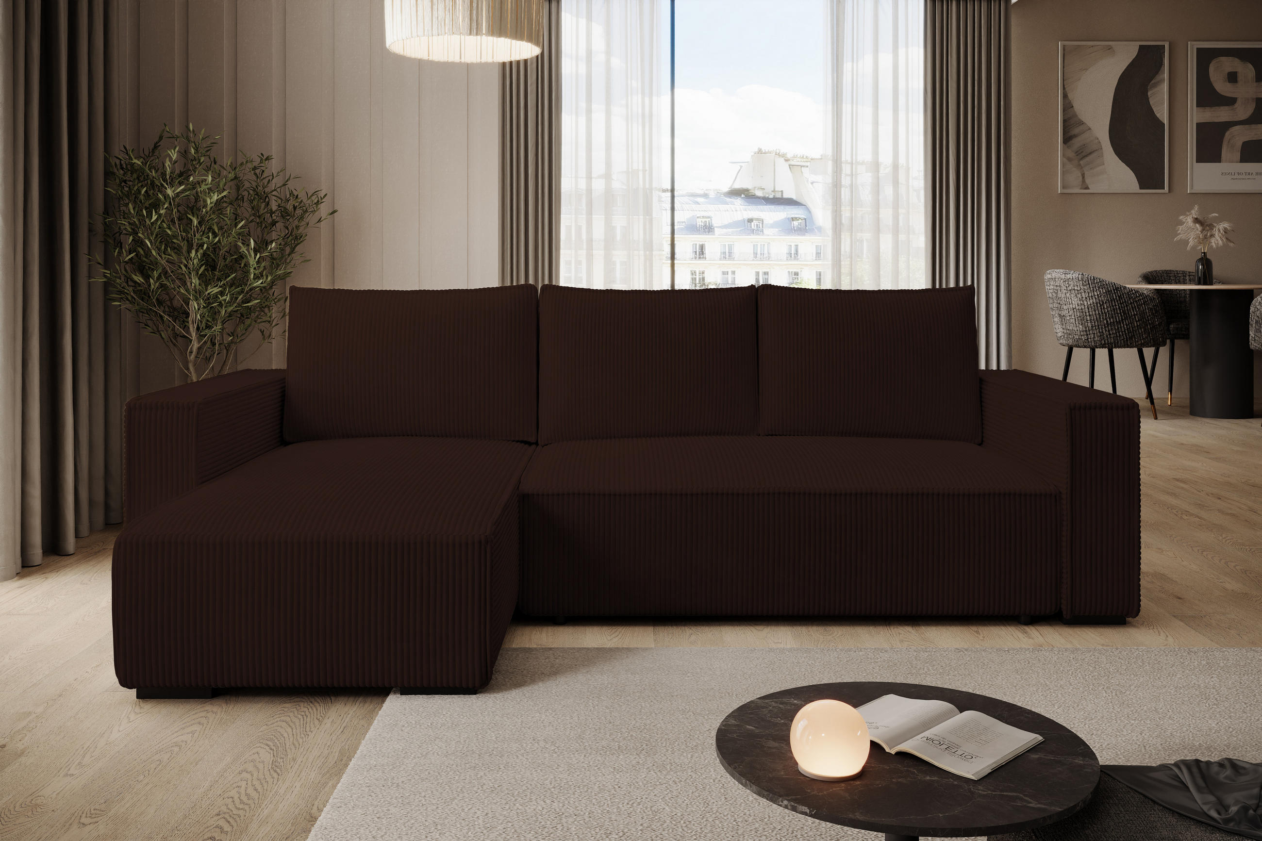 ECKSOFA CUDDY L, Eckcouch in L-Form mit Schlaffunktion und Bettkasten, Farbe: Dunkelbraun, Cordstoff, Ottomane Links - Dunkelbraun, Textil (240/140cm) - Storez24