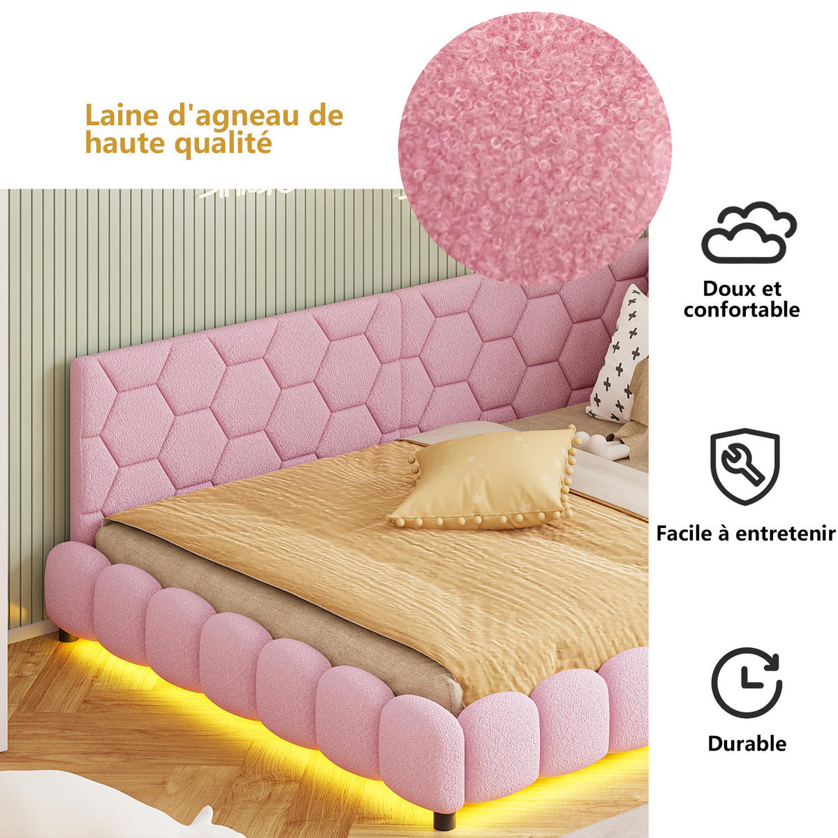 POLSTERBETT 140x200 cm, Rosa, LED-Beleuchtung und USB-Anschluss, Tagesbett Schlafsofa - Rosa, Textil/Metall (140/200cm)