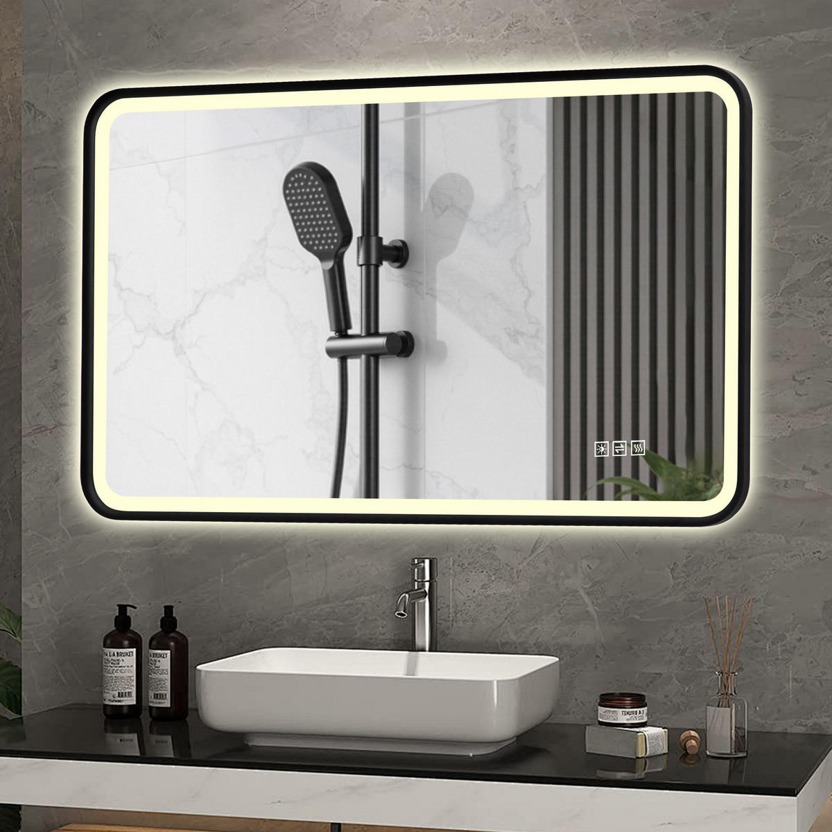 WANDSPIEGEL 90/4/70 cm Schwarz aus Glas und Metall mit Anti-Beschlag und LED - Schwarz, Glas (70/4/90cm) - OKWISH