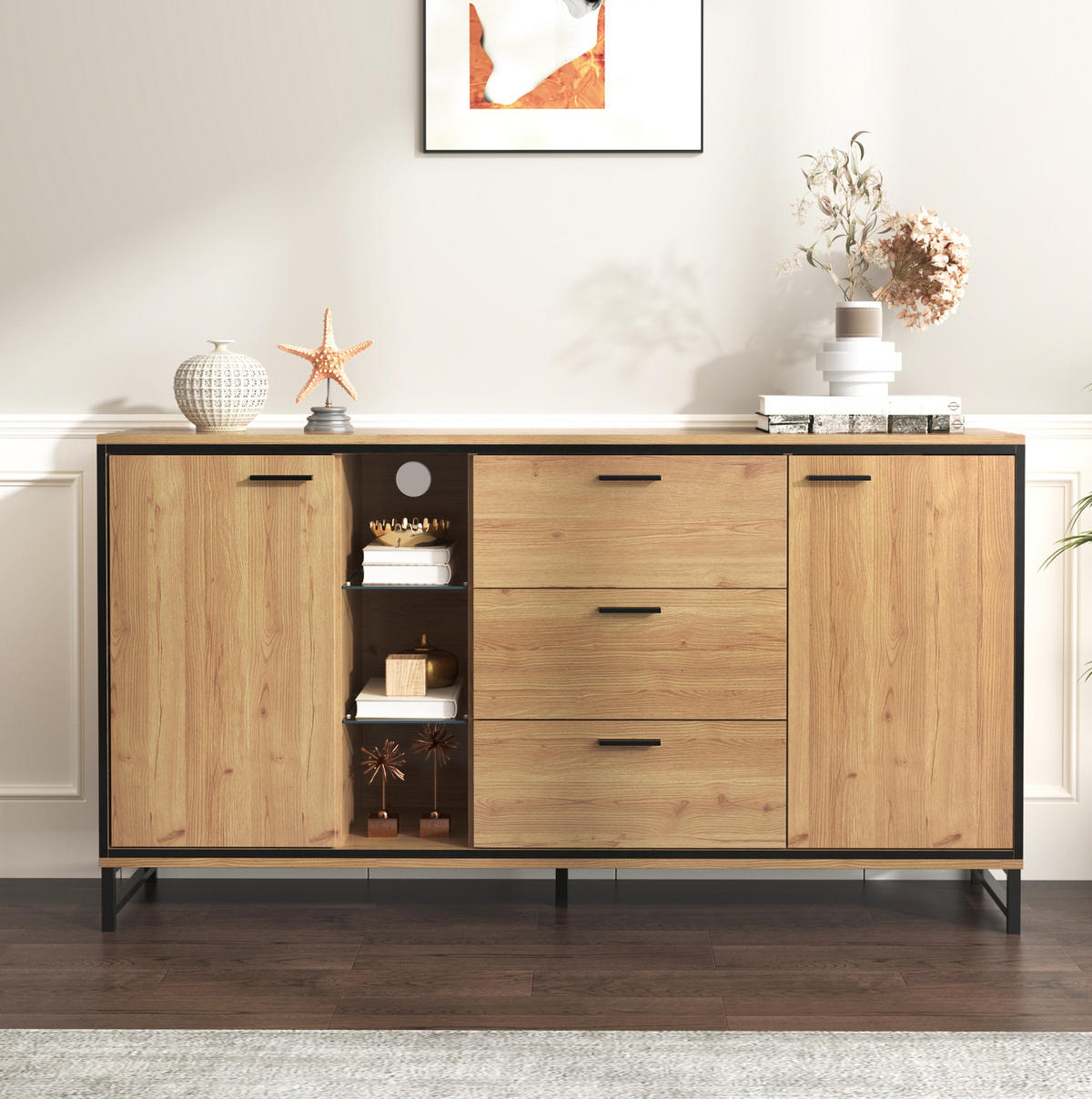SIDEBOARD 160/40/85 cm in Natur mit LED-Beleuchtung und Glaselementen - Naturfarben, Holzwerkstoff (160/85/40cm) - Flora Grace