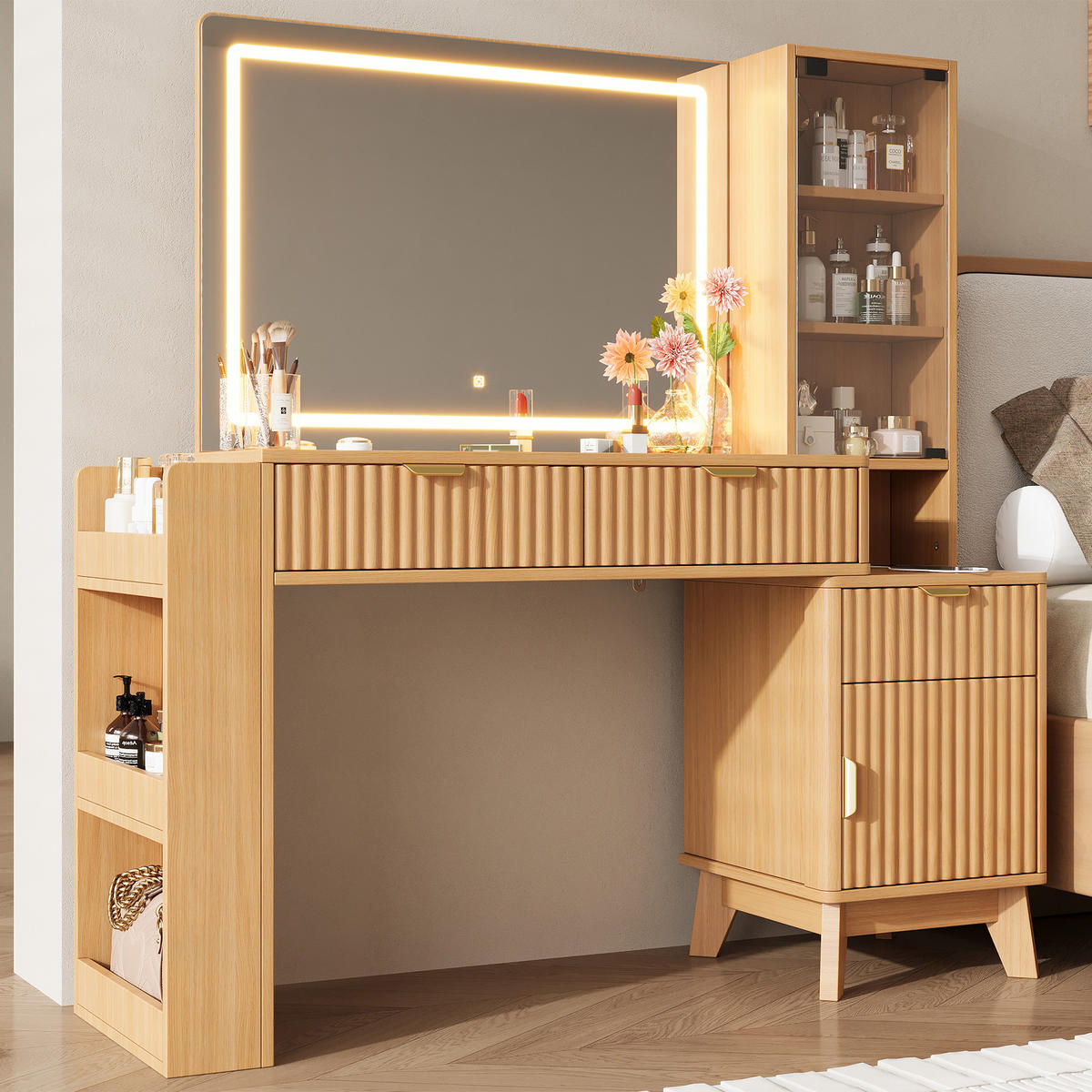 SCHMINKTISCH LED Spiegel USB Schubladen Weiß Modern - Naturfarben, Holzwerkstoff (133/136/40cm) - FLIEKS