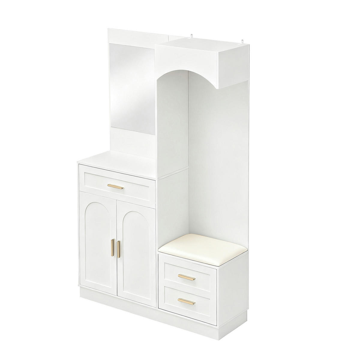 GARDEROBENSCHRANK 110/33/185,5 cm mit Spiegel, Schuhbank und verstellbaren Einlegeböden aus MDF, Weiß - Weiß, Holzwerkstoff (110/185.5/33cm) - Redom