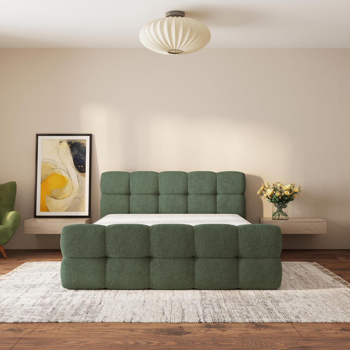 ČALOUNĚNÁ POSTEL ELIZJA 200x200 cm, s úložným prostorem, Zelená - QUELLE 37 - zelená barva, dřevo/textil (200/200cm) - MASSENO