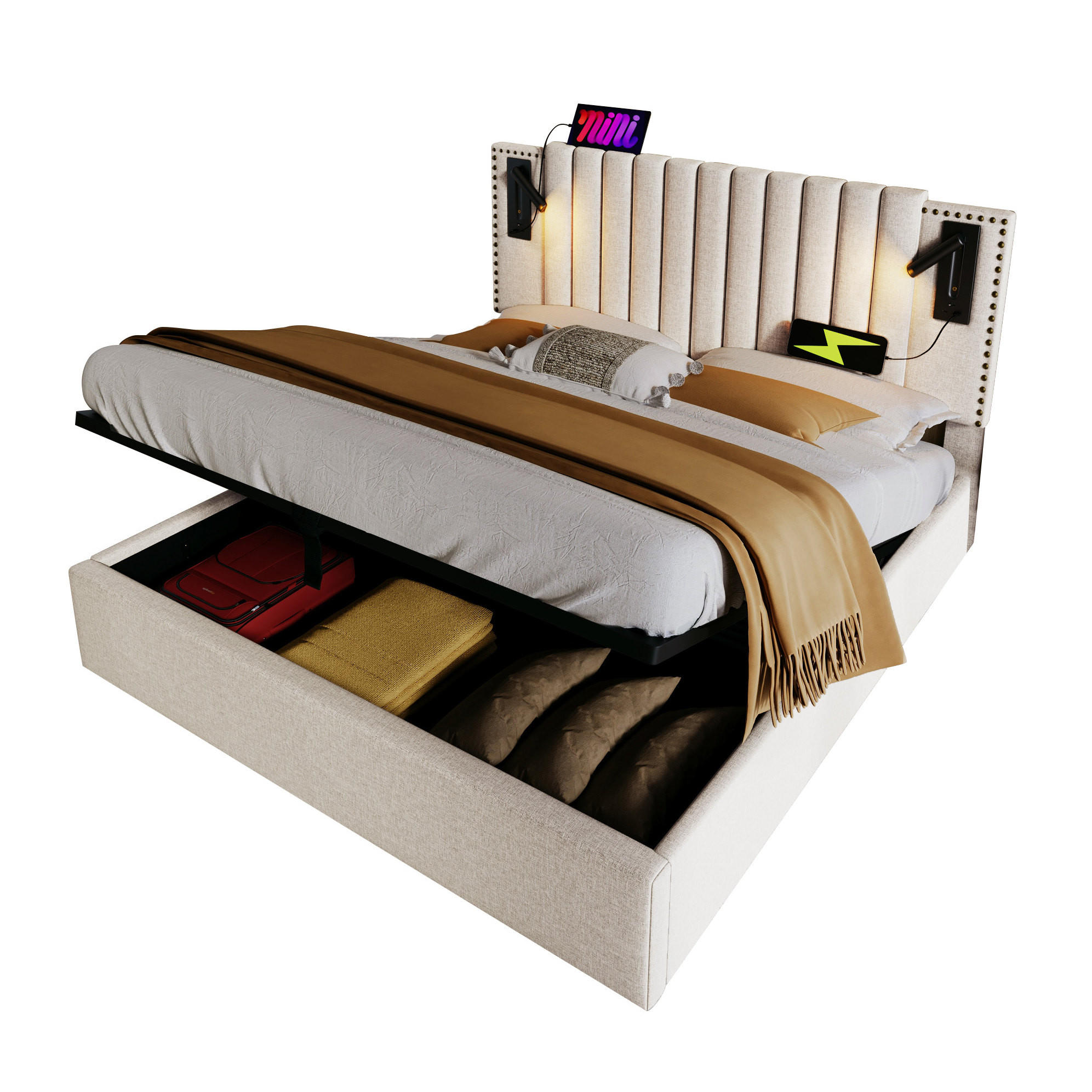 Redom ČALOUNĚNÁ postel 180x200 cm s nastavitelným čelem, čtecím světlem, USB a úložným prostorem, Béžová