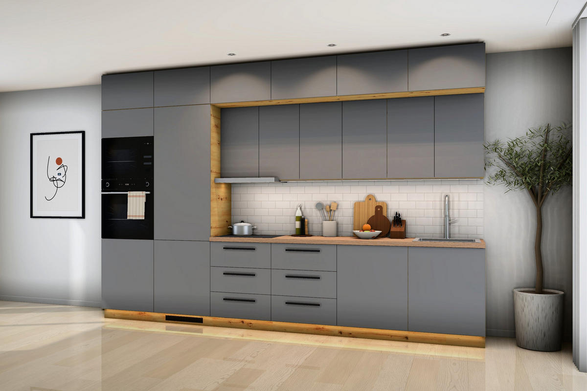 KÜCHENZEILE Nexa Grau – 360 cm – K72-G360 L - Schwarz/Grau, Holzwerkstoff/Metall (360/248/58cm) - ROYAL24_MARKT