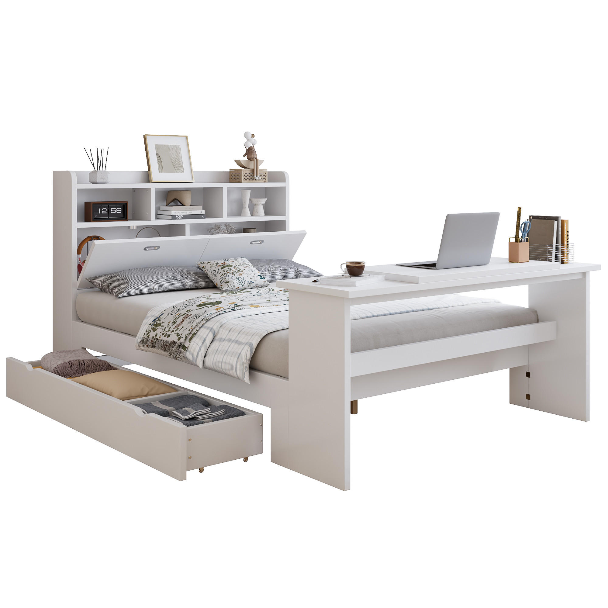 BETT 140/200 cm in Weiß mit Stauraum, Klapptisch und verstellbarer Schublade aus Holz - Weiß, Holzwerkstoff - STILVORA
