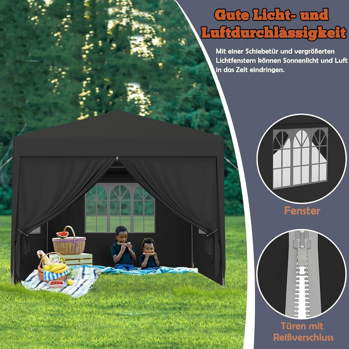 GARTENPAVILLON 3x6m Anthrazit Wasserdicht mit Seitenteilen und Fenstern - Schwarz, Kunststoff (300/250/600cm)