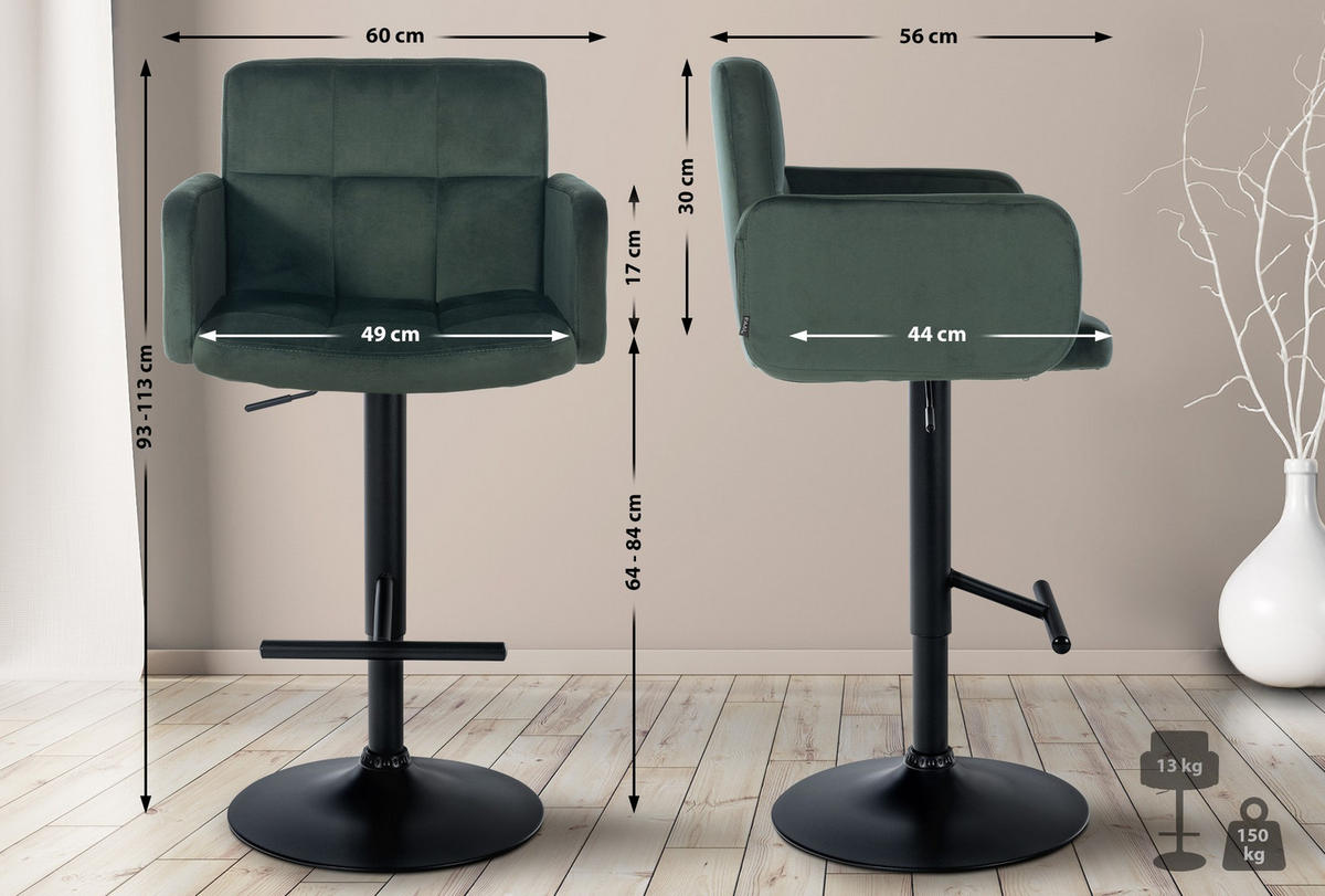 BARHOCKER Samt Dunkelgrün - Dunkelgrün/Schwarz, Textil/Metall (60/93/56cm) - CLP