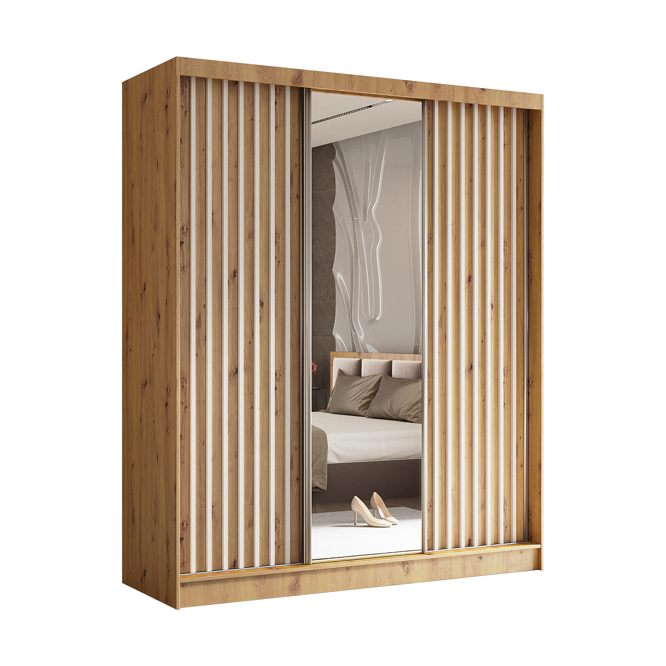 SCHWEBETÜRENSCHRANK Cabinio Eiche Artisan Weiß 180/216/61 cm – mit Spiegel und Lamellen - Walnussfarben/Weiß, Holzwerkstoff/Kunststoff (180/216/61cm) - AX Living