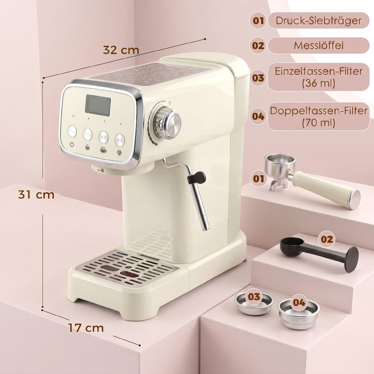 ESPRESSOMASKIN ABS rostfritt stål krämvit - Cremefärgad, Metall (17/31/32cm) - HOMCOM
