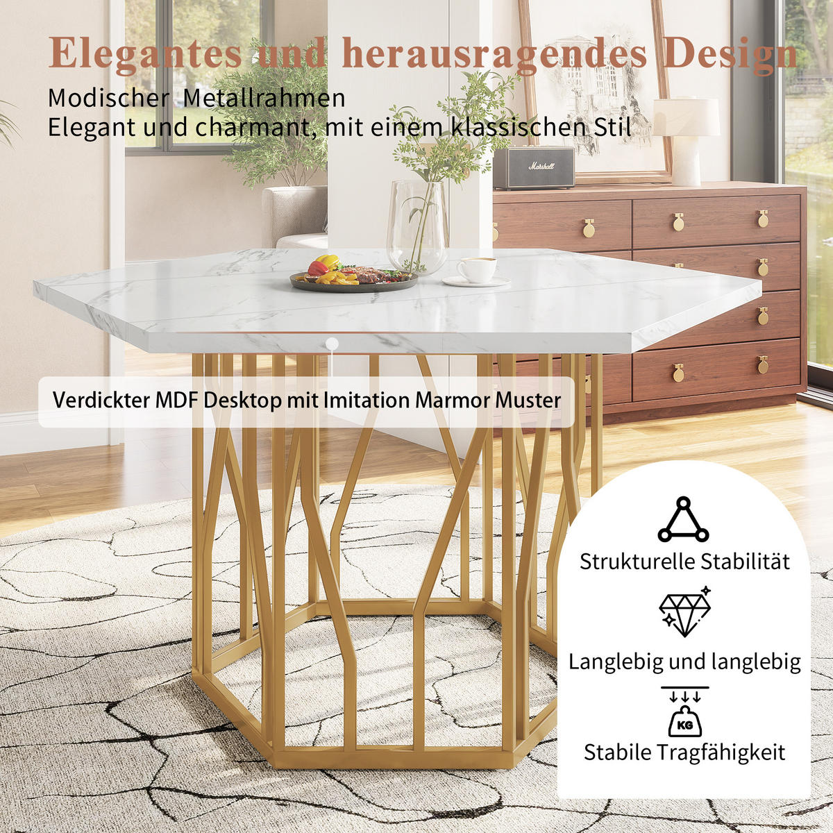 ESSTISCH sechseckig, MDF in Marmoroptik mit Metallgestell, 115,5/100/75 cm, Weiß/Gold - Goldfarben, Holzwerkstoff (115.5/100/75cm) - Redom