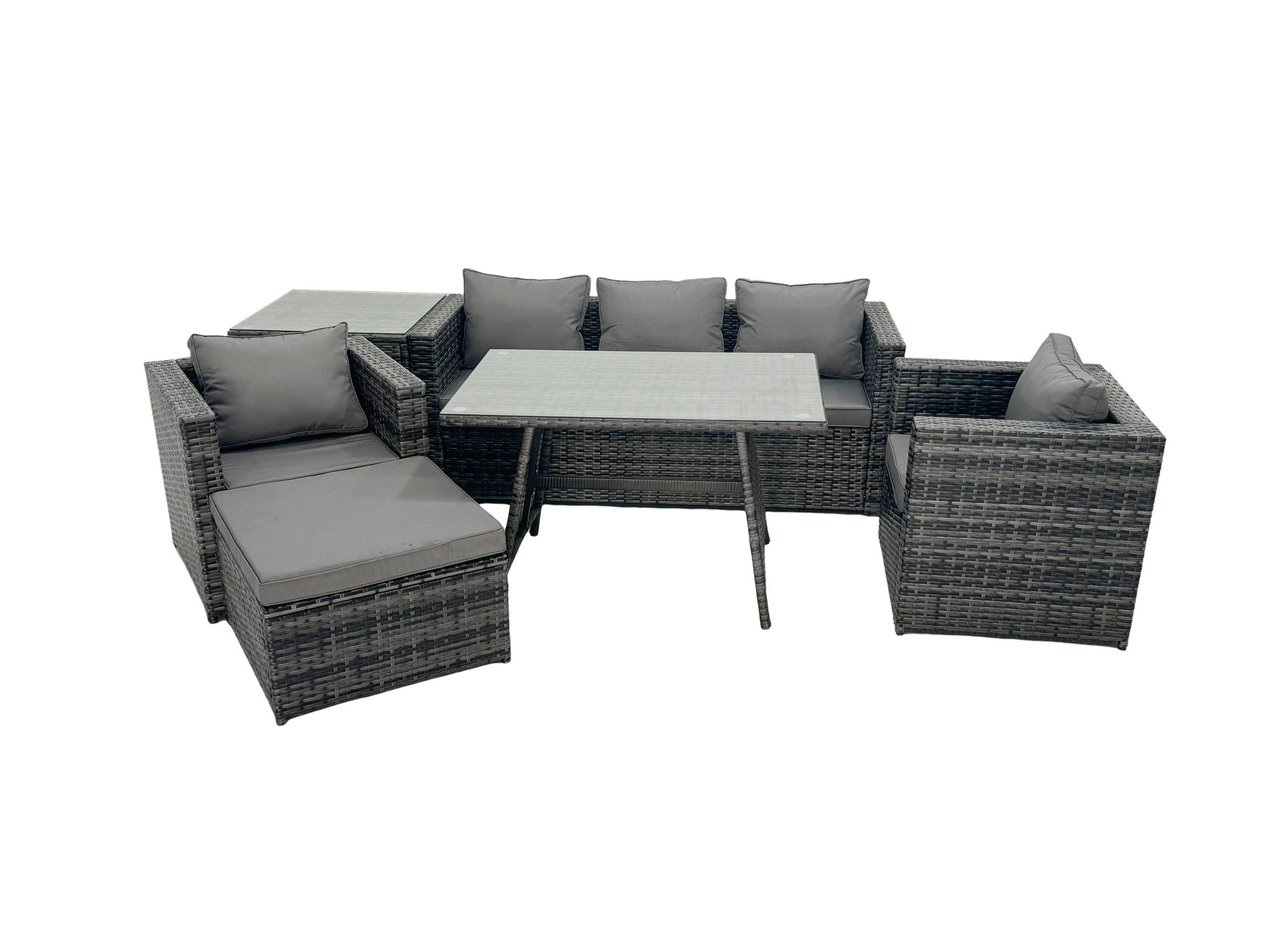 GARTENMÖBELSET mit Esstisch Hocker 6-Sitzer Grau - Dunkelgrau/Grau, Glas/Kunststoff - Fimous