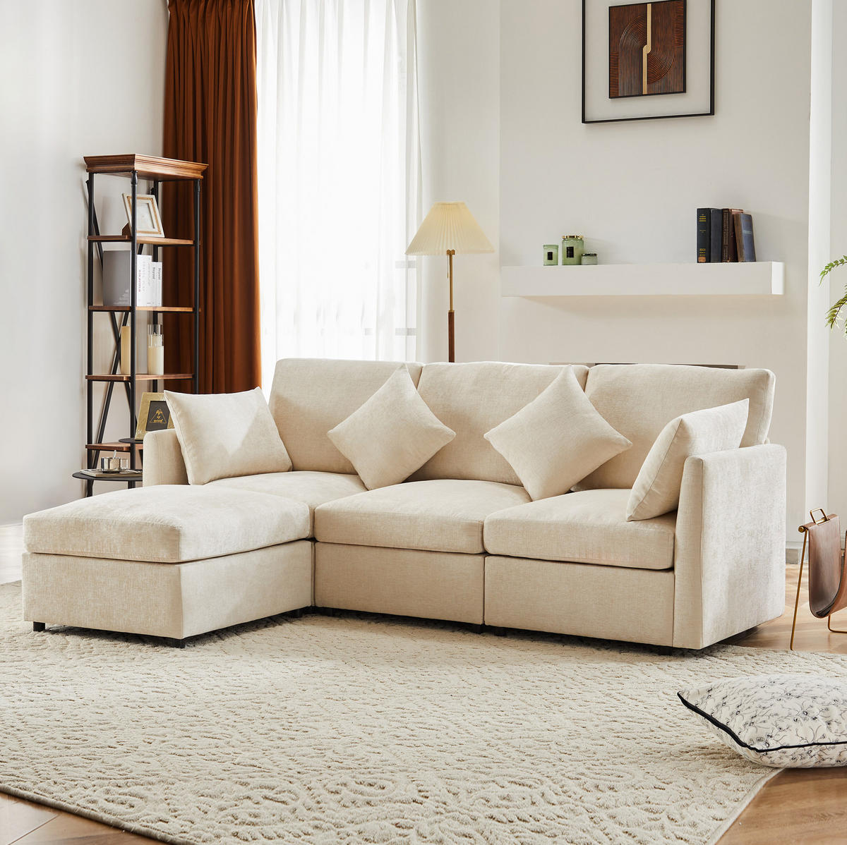 ECKSOFA Chenille mit Hocker 216/161/81 cm Beige inklusive 4 Kissen - Beige, Textil (161/216cm) - Redom