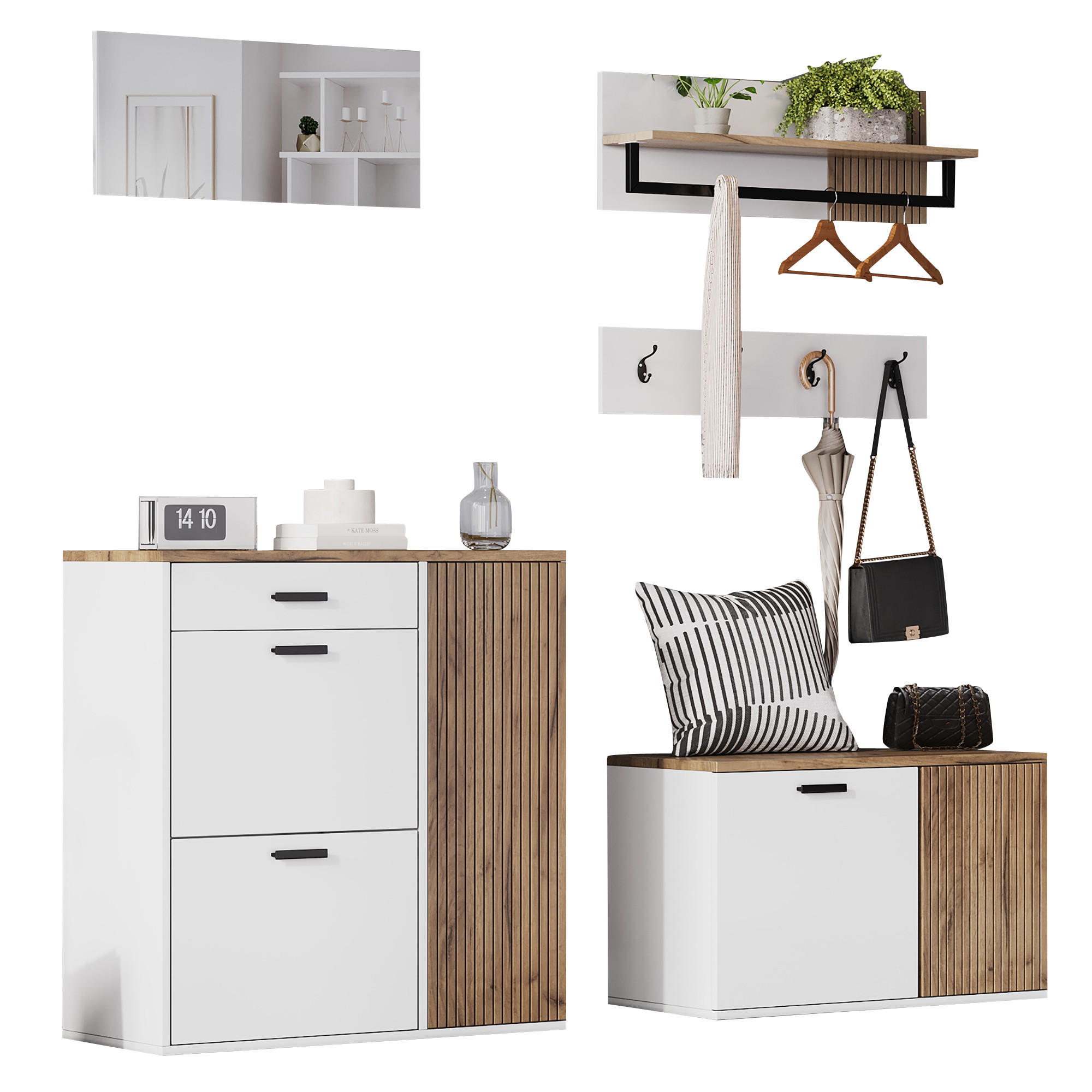 GARDEROBE-SET 5-teilig Schuhschrank Schuhbank Spiegel Haken - Multicolor, Holzwerkstoff (85/85/36cm) - FLIEKS