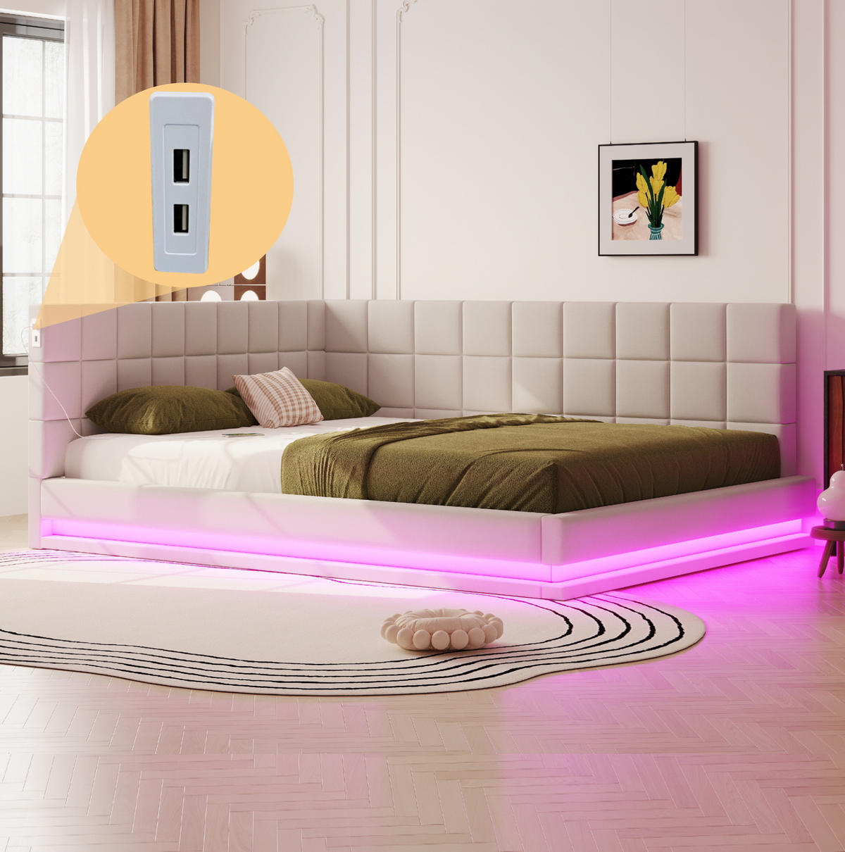POLSTERBETT Schlafsofa 160/200 cm aus Leinen mit LED-Lichtleiste und USB-Anschluss Beige - Beige, Textil (160/200cm) - Modenvie