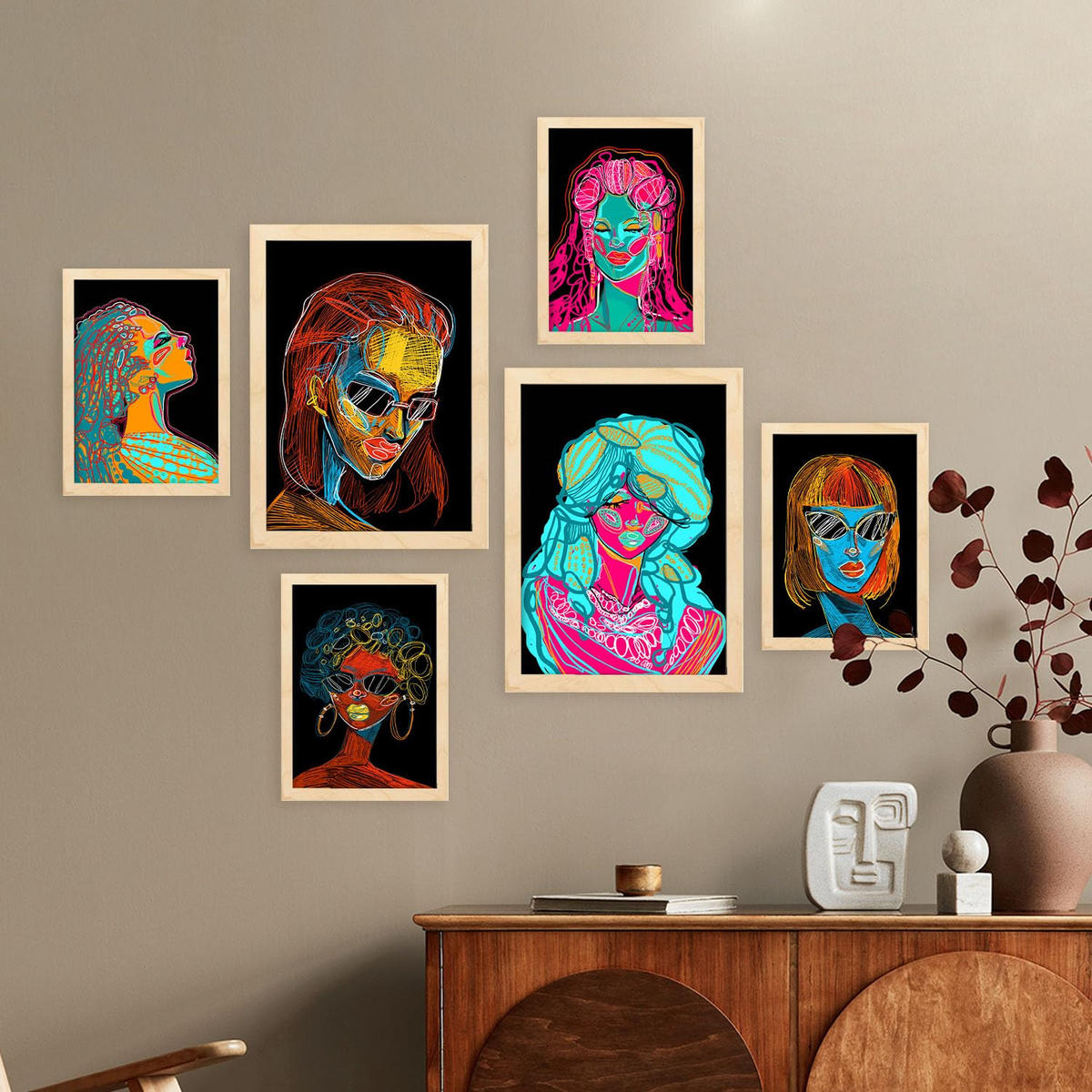 POSTER Set Mit 6 Shades of Beauty 4 Abstrakt Feminin Größe A3 & A4 Rahmen aus hellem Holz - Beige, Papier (29.7/1cm) - Nacnic
