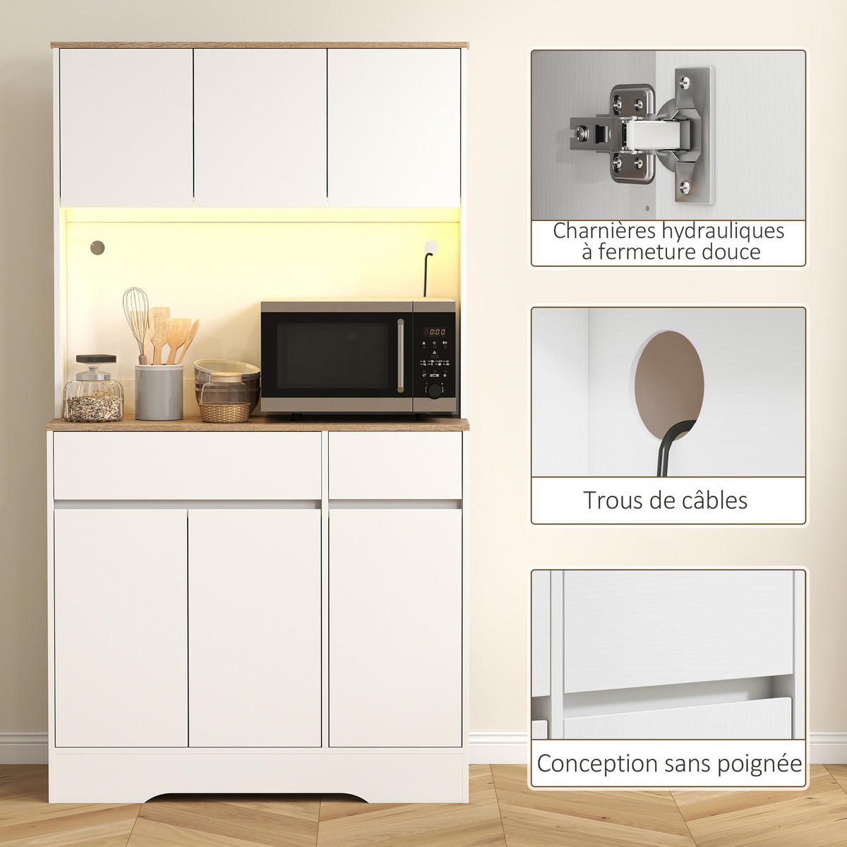 BUFFET DE-11308 LED-RGB, 6 Türen & 2 Schubladen mit Arbeitsplatte Weiß - Weiß, Holzwerkstoff (38/180/100cm) - ComfortXL